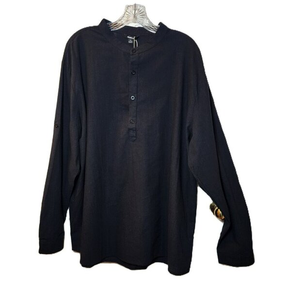 NWT Black Linen Blend Shirt XXL Mandarin Collar Long Sleeve Casual MSRP $55 - Picture 1 of 7